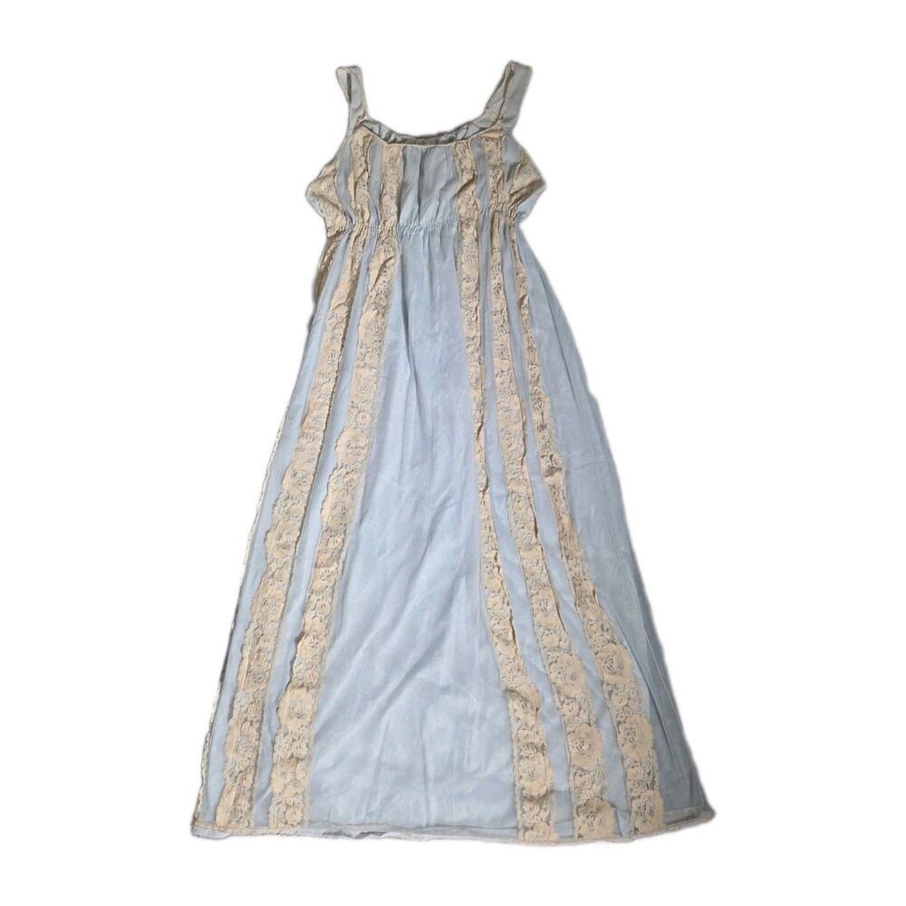 Vintage Perry Blue Nylon Nightgown Beige Lace Trim Sleeveless Maxi Size M GUC